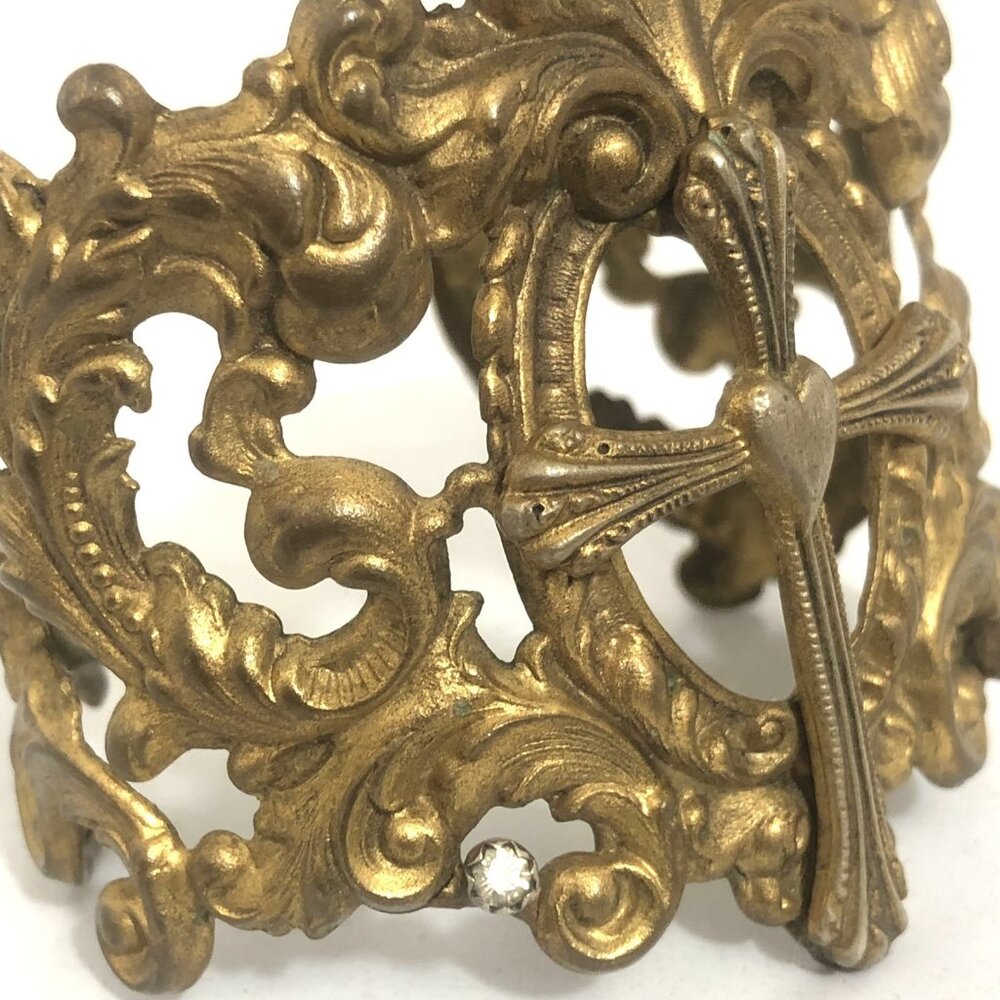 Vintage Wide Cuff Bracelet Virgins Saints & Angels Cross Gold Tone Ornate - Picture 7 of 14